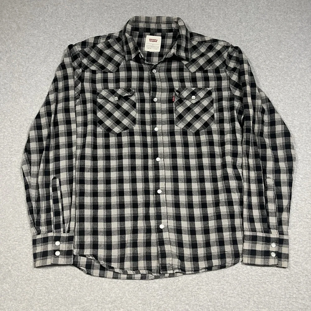 Levis Shirt Mens Small Gray Plaid Pearl Snap Flannel Western Cowboy Long Sleeve